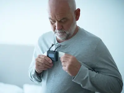 Patient attaching his Resmed diagnostic device