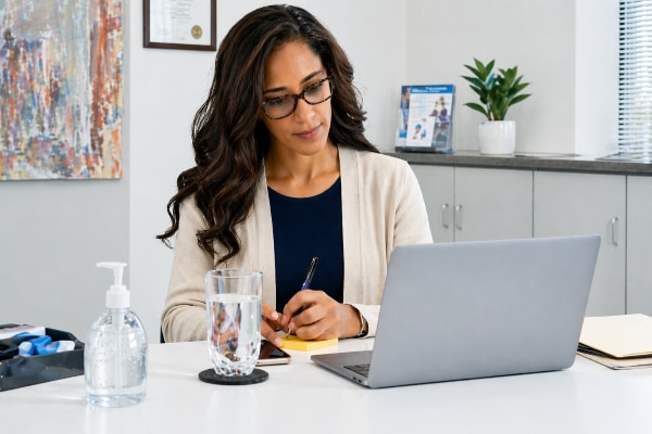  Doctor in her office writing notes
