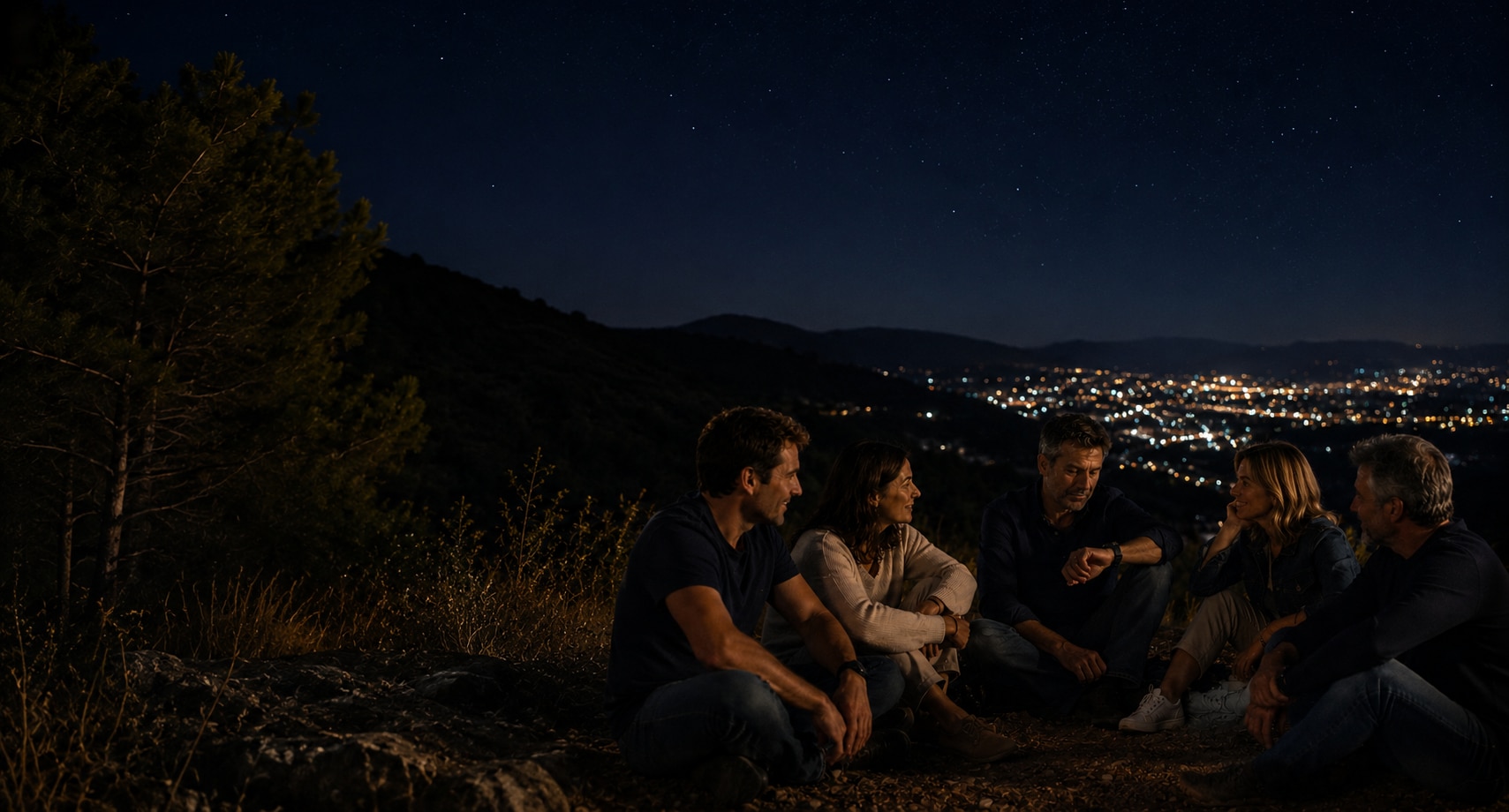 late night group of friends having chat in summer night