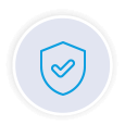 A round white icon with a blue line drawing of a shield with a tick inside it, signifying security.