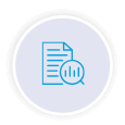 A round white icon with a blue line drawing of a paper and magnifying glass signifying reporting.