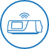 A blue circular icon with a line drawing of a ResMed device in the middle to represent device updates.