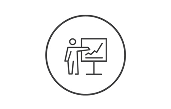 A black circular icon on a white background with a figure and a graph, respresenting patient follow up