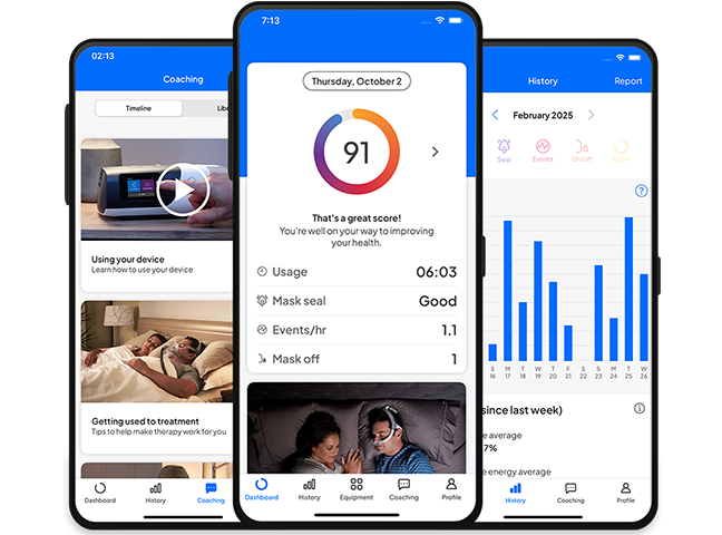 myAir app dashboard displaying CPAP therapy score, coaching content, usage metrics, mask seal performance, and sleep therapy progress tracking.