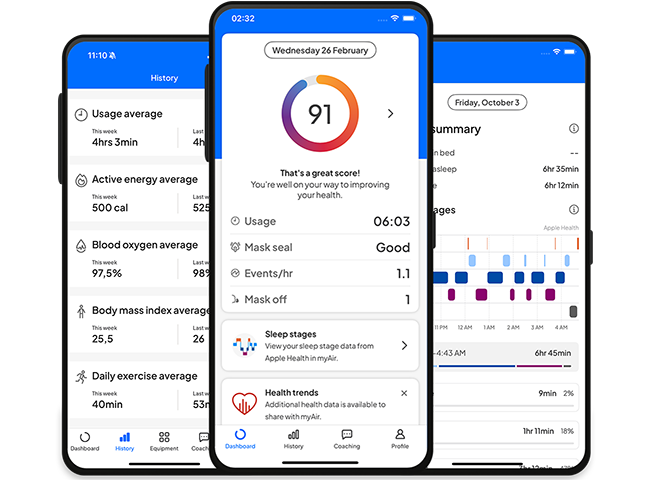 myAir app showing sleep apnea therapy insights, usage hours, sleep stages, health metrics, therapy score, and personalized CPAP treatment data.