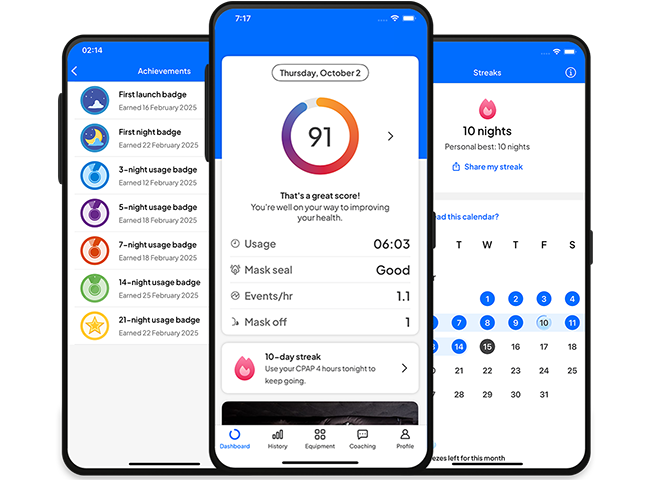 myAir app achievements and streak tracking screens displaying CPAP therapy milestones, usage badges, therapy score, and adherence progress for sleep apnea patients.