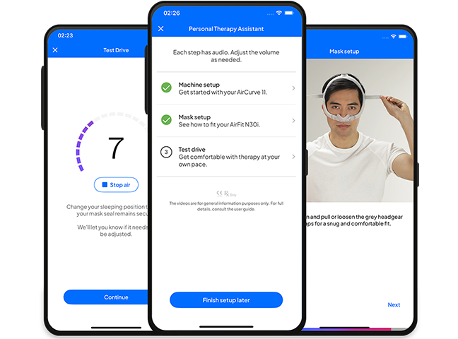 myAir app setup screens showing CPAP therapy onboarding, machine setup guidance, mask fitting instructions, and personalized therapy assistant for sleep apnea treatment.